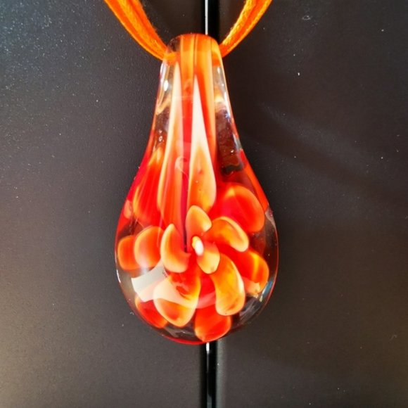 Art Glass Pendent Clear Glass with Orange Flower ~ Ribbon and Cord Nec… - Picture 8 of 16